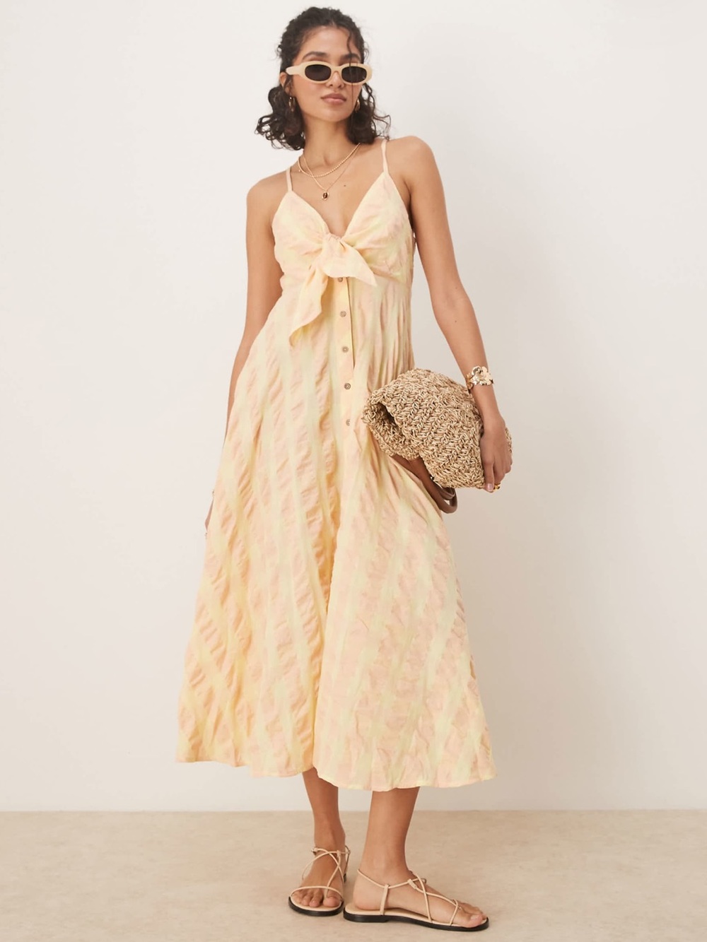 Free People Via Gingham Tie-Front Spaghetti Strap Midi Dress